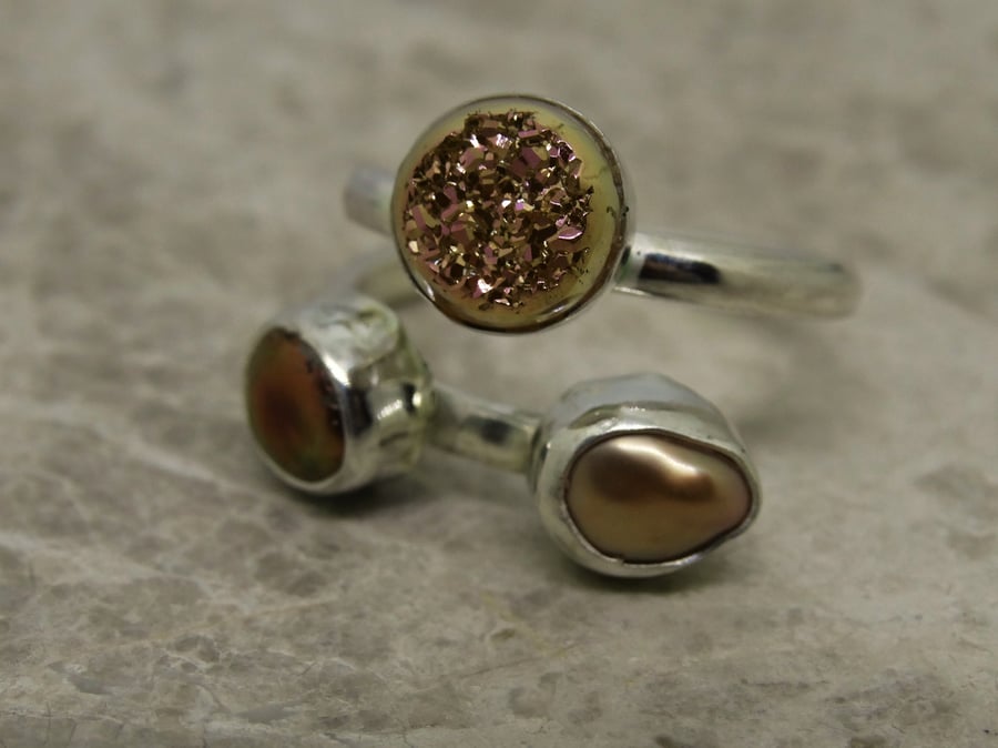 Merry Maidens Ring. Sterling silver set with gold druzy and pearls
