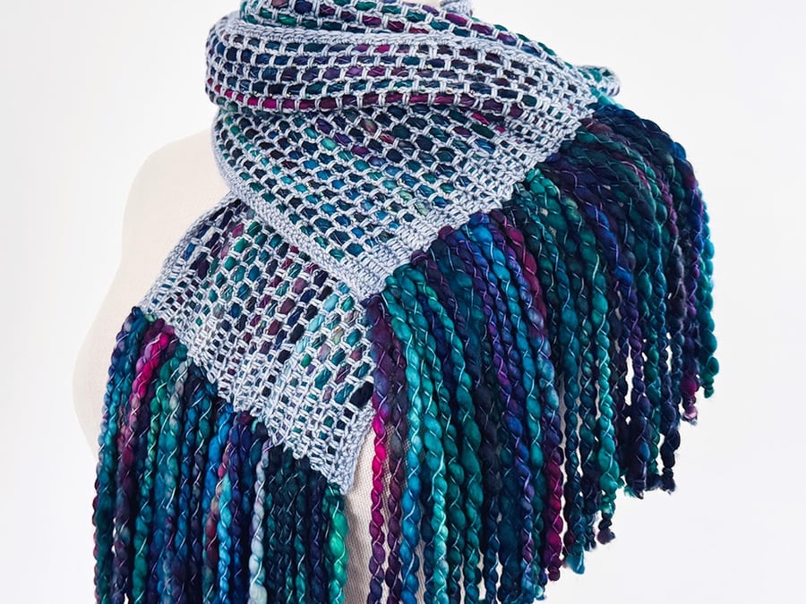 Hand Beaded Merino Wool Scarf in Vivid Blue and Purple.