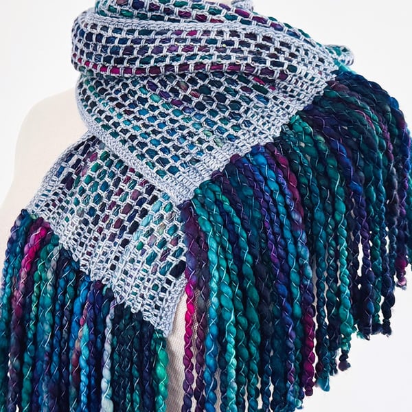 Hand Beaded Merino Wool Scarf in Vivid Blue and Purple.