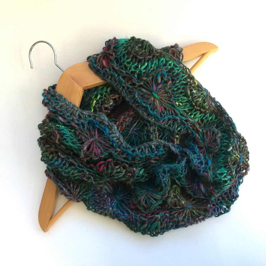 Chunky hand knit  wool , silk , mohair lace infinity scarf