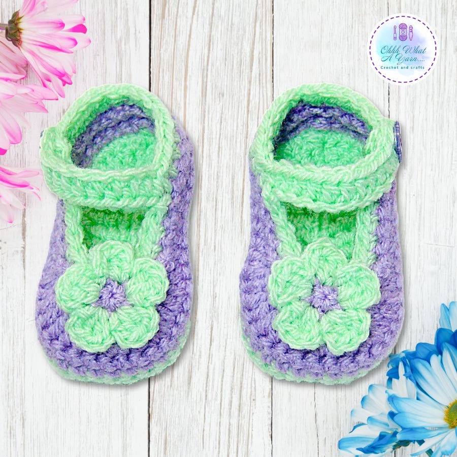 Crochet lilac and green flower shoes, booties, bootees in various sizes.