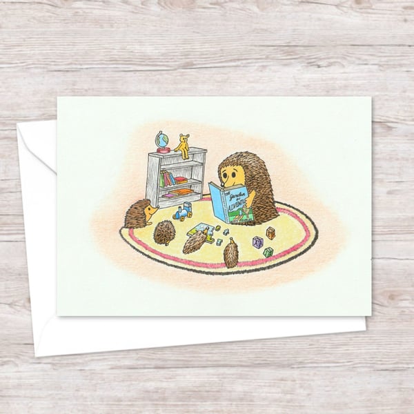 Hedgehogs Storytime Greeting Card: Cute Pencil Illustration, Blank Inside (207)