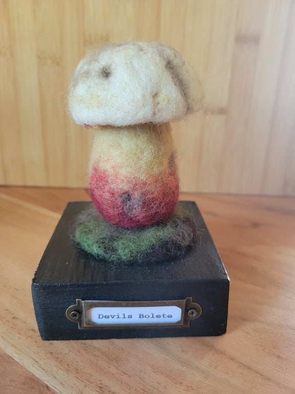 Devils bolete needle felted mushroom sculpture
