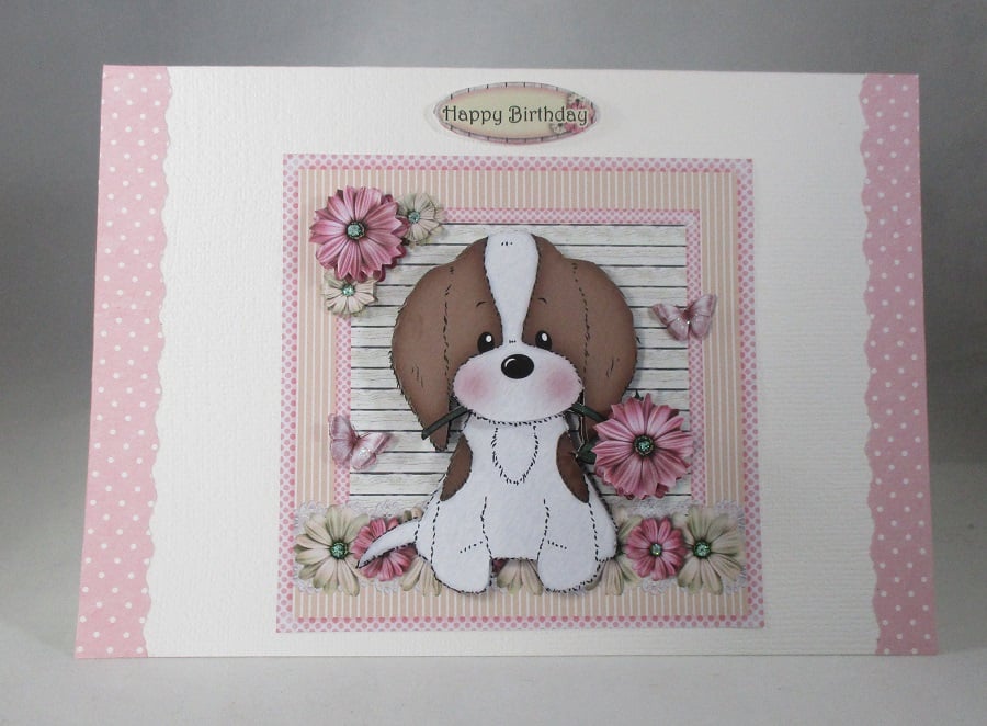 Decoupage,3D Cute Puppy Birthday Card,personalise,handmade