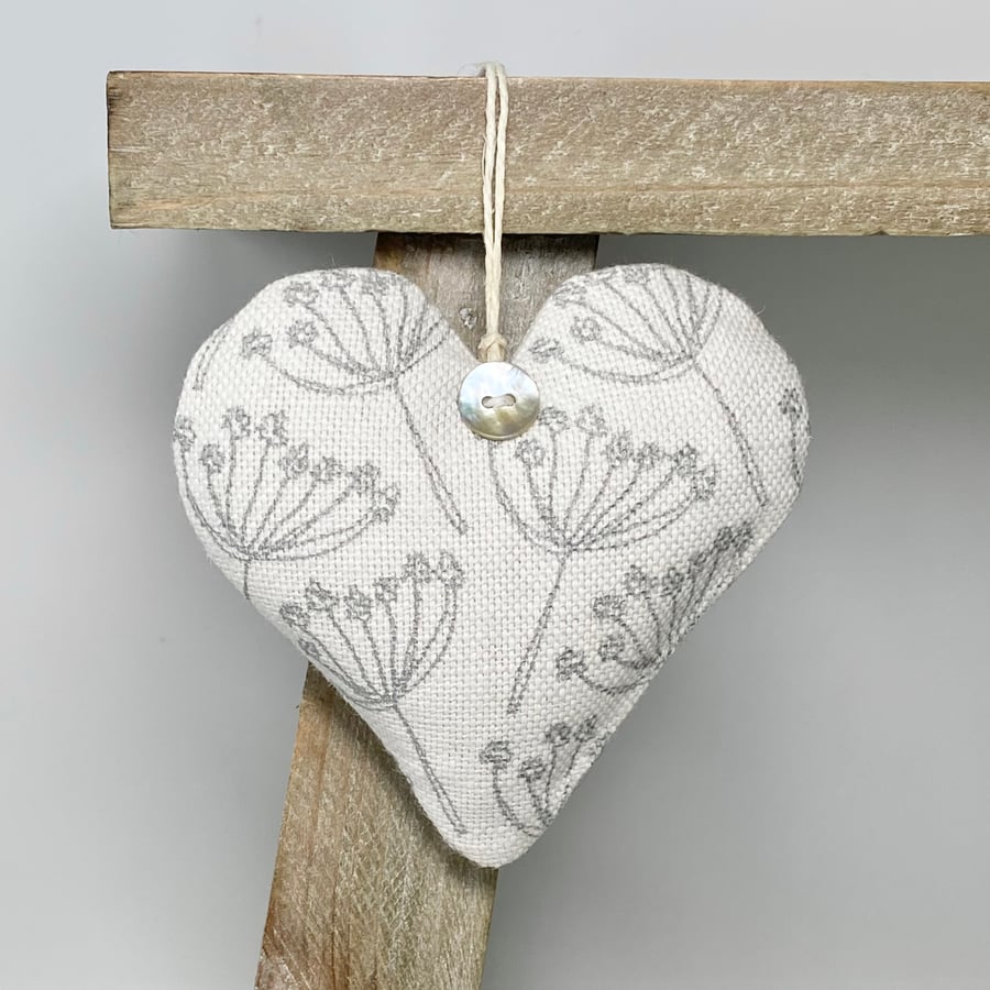 SALE ITEM - COW PARSLEY LINEN HEART - dove grey on white