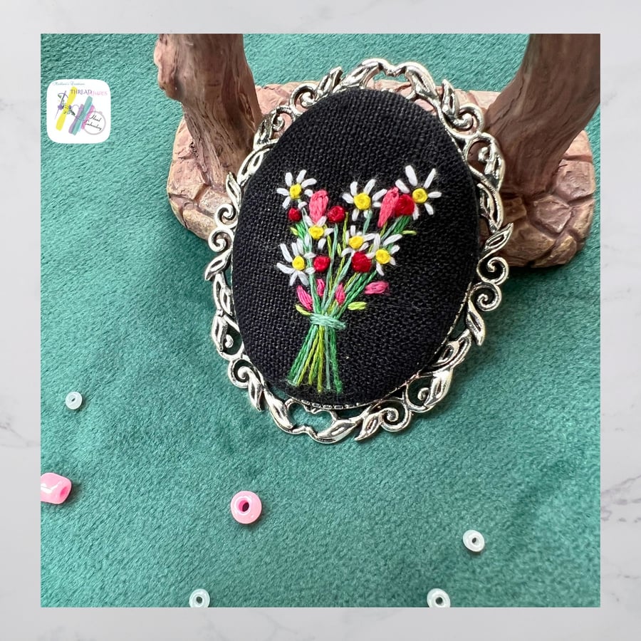 Hand Embroidered Brooch, antique silver vintage look, gift for her, handmade gif