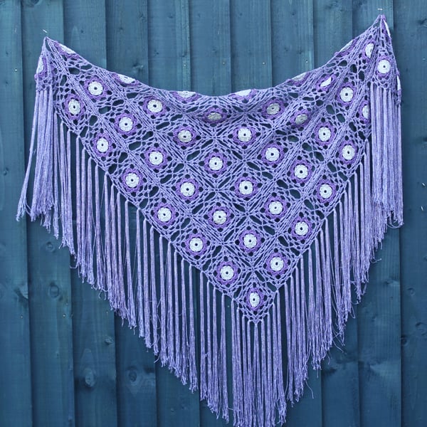 Crochet triangular shawl in sparkly lilac, purple & silver - design LF433