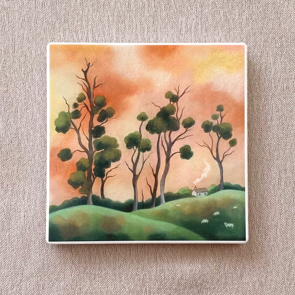 Seconds sale - ceramic drinks coaster - tree illustration 