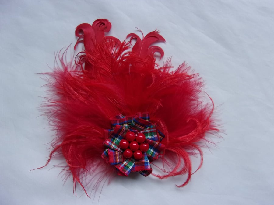 Scarlet Red Tartan Brooch Mixed Feather Royal Stewart Tartan Ruffle with Pearls 