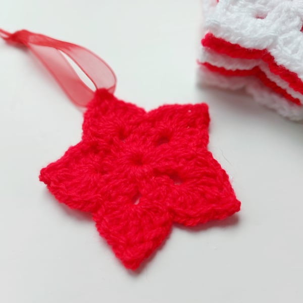 Christmas Crochet Stars with Organza Ribbon, Set of 5 Red And White 