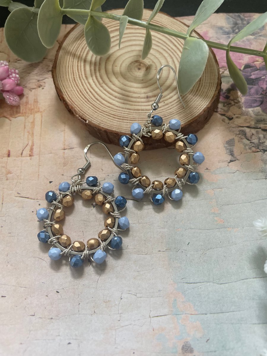 Beaded wire wrapped hoop blue and gold earrings, boho accessories, gift daughter
