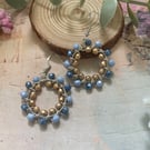 Beaded wire wrapped hoop blue and gold earrings, boho accessories, gift daughter