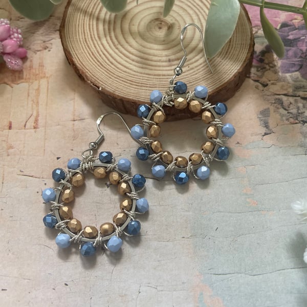 Beaded wire wrapped hoop blue and gold earrings, boho accessories, gift daughter