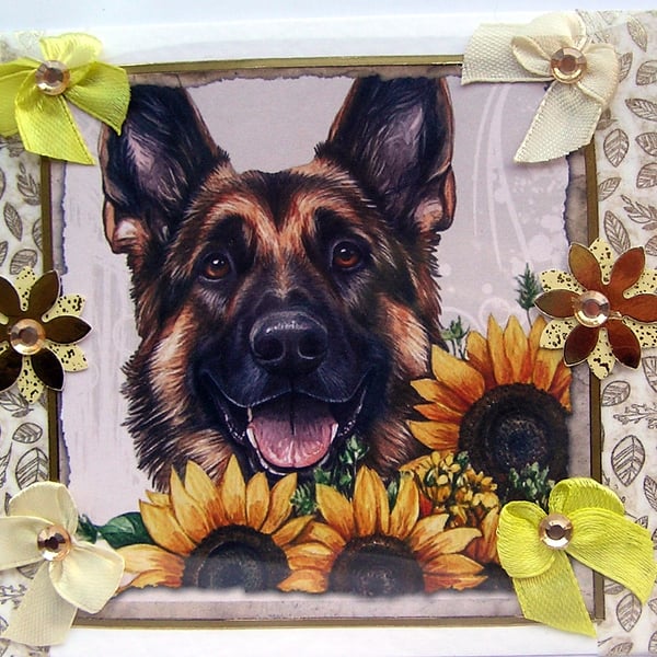 German Shepherd Dog - Hand Crafted Decoupage Greeting Card - Blank (3098)