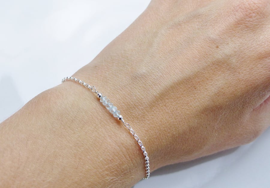 Dainty Aquamarine bead bar sterling silver adjustable bracelet, March birthstone