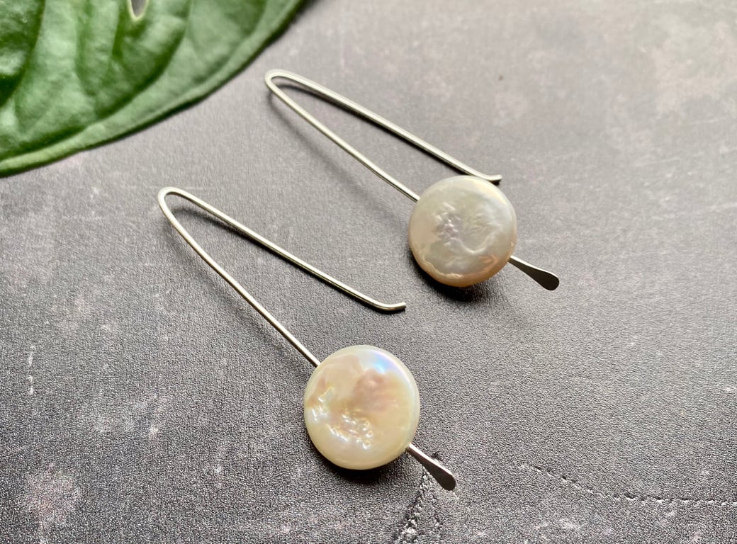 Sterling Silver &  Full Moon Coin Pearl Earrings
