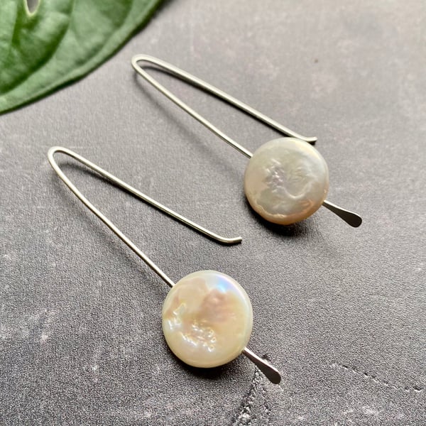 Sterling Silver &  Full Moon Coin Pearl Earrings