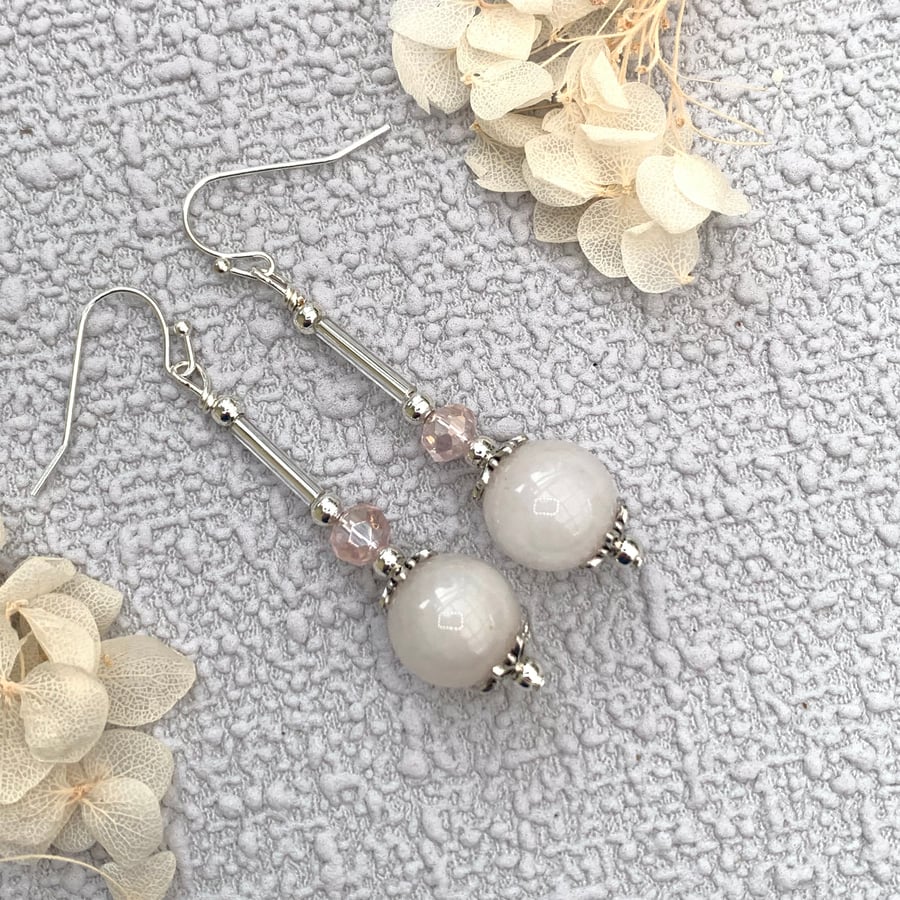 Rose Quartz Gemstone and Silver Vintage Style Drop Earrings