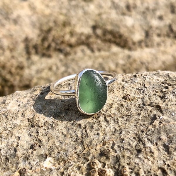 Pale Green Sea Glass Ring - Size K
