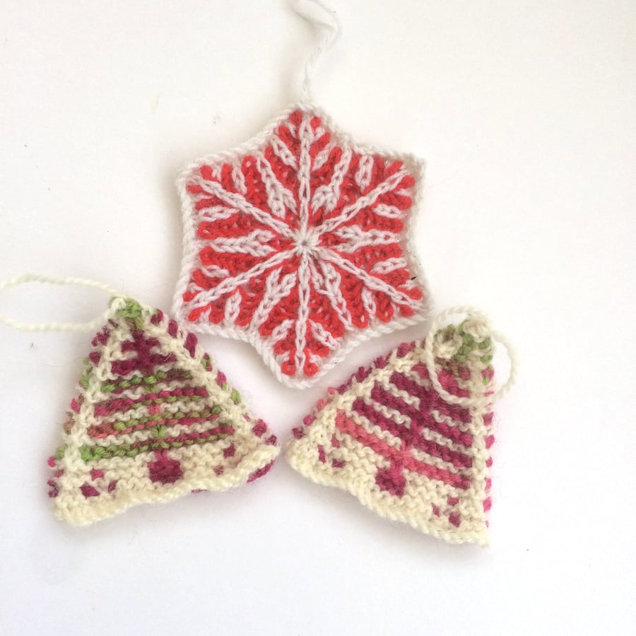 Red hand knit Christmas decorations 