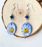 Real Pressed Daisy Blue Sliver Plated Dangle Wood and Bead Earrings - Image 2