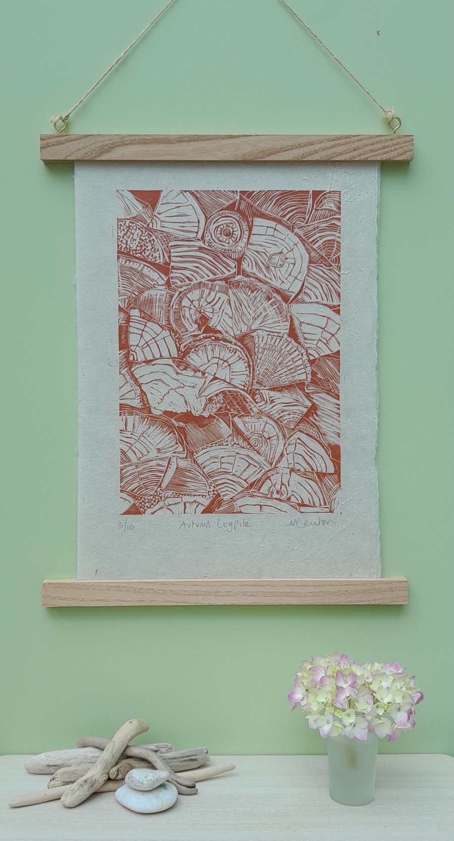 'Autumn Logpile' Lino Print in Terracotta