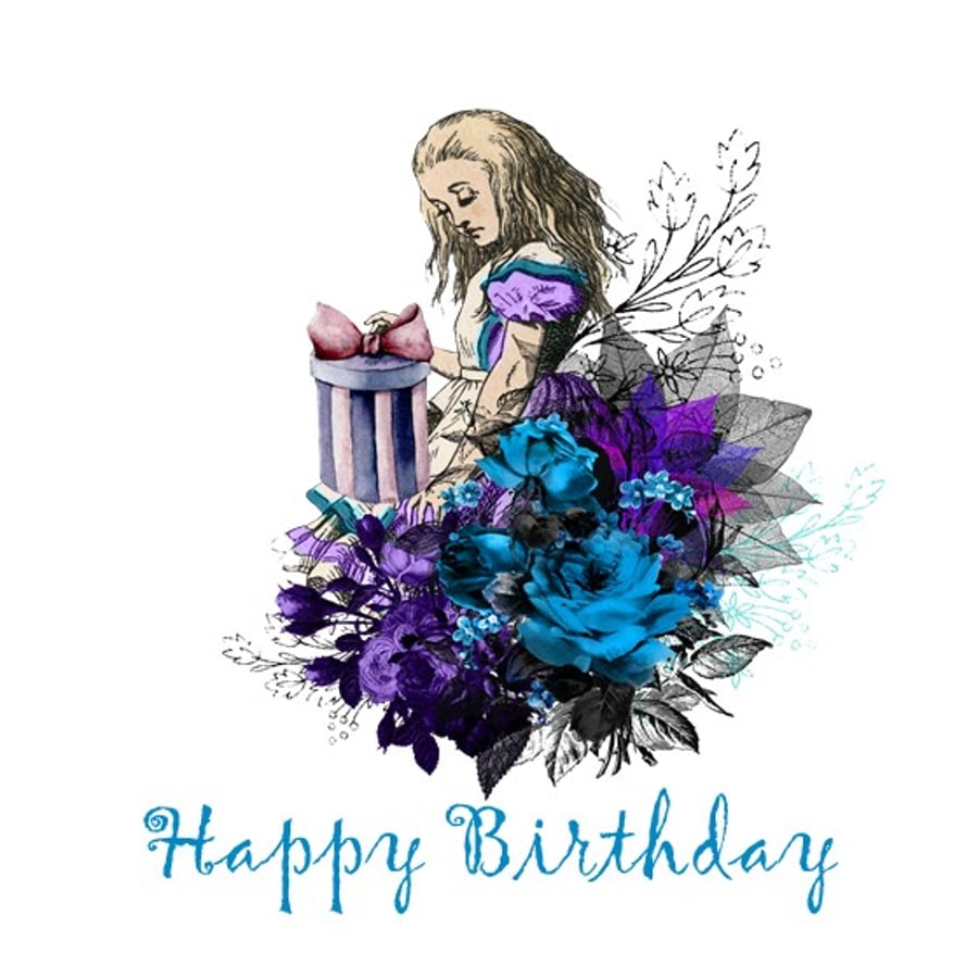 Alice in Wonderland Birthday Card holding a Gift Box