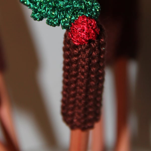 Hand Knitted Holly & Berry Pencil Topper