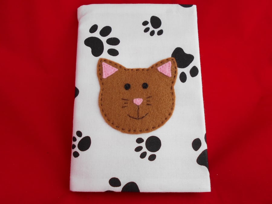 Cat Fabric Notebook cover - paw print fabric with Applique CAT. size A6