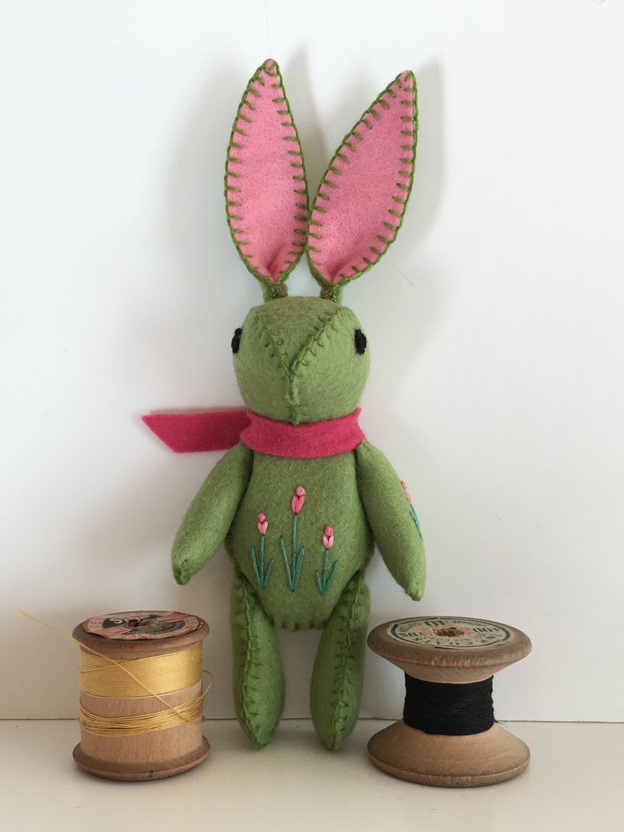Hand Embroidered Little Green Felt Bunny 