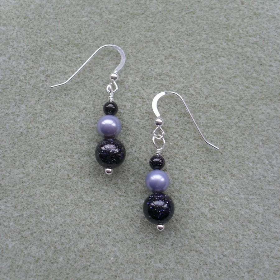 Blue Goldstone and Shell Pearl Earrings Sterling Silver