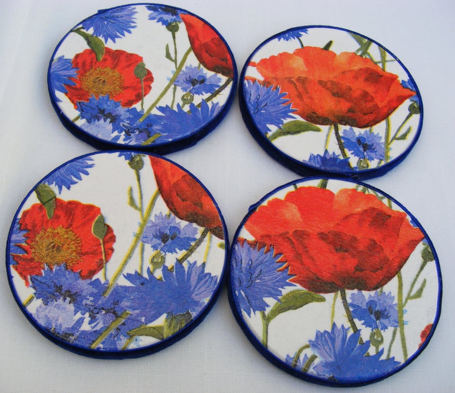 Set of 4 decoupaged round wooden poppy coasters