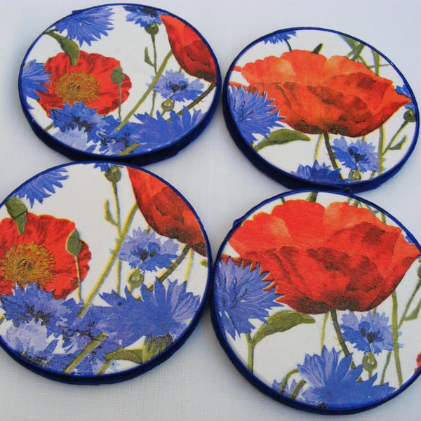 Set of 4 decoupaged round wooden poppy coasters