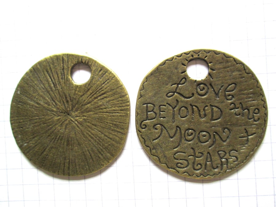 2 large Bronze Charms  'Love beyond the Moon and Stars' 