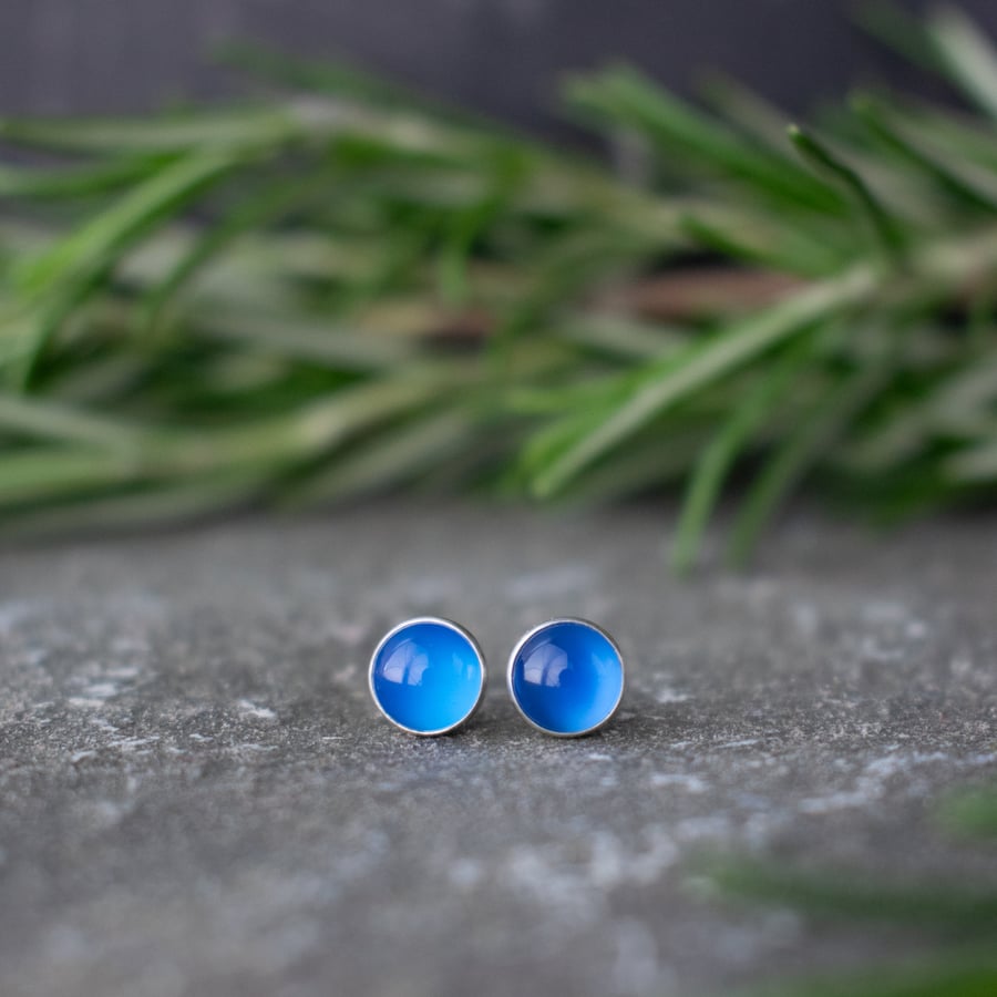 Blue Stone Stud Earrings - Onyx Gemstone Stud Earrings - Round Silver Studs