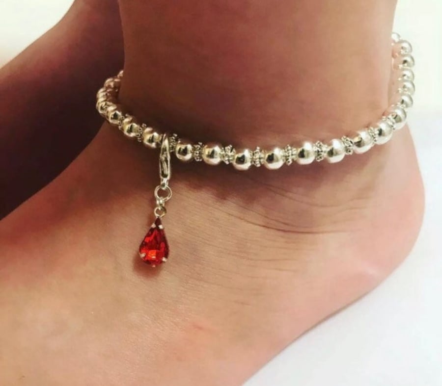 Red gem stone silvertone anklet adults and childrens sizes stretch beaded anklet
