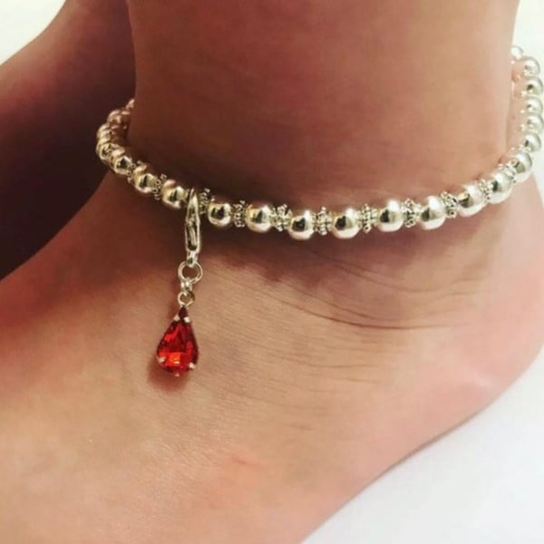 Red gem stone silvertone anklet adults and childrens sizes stretch beaded anklet