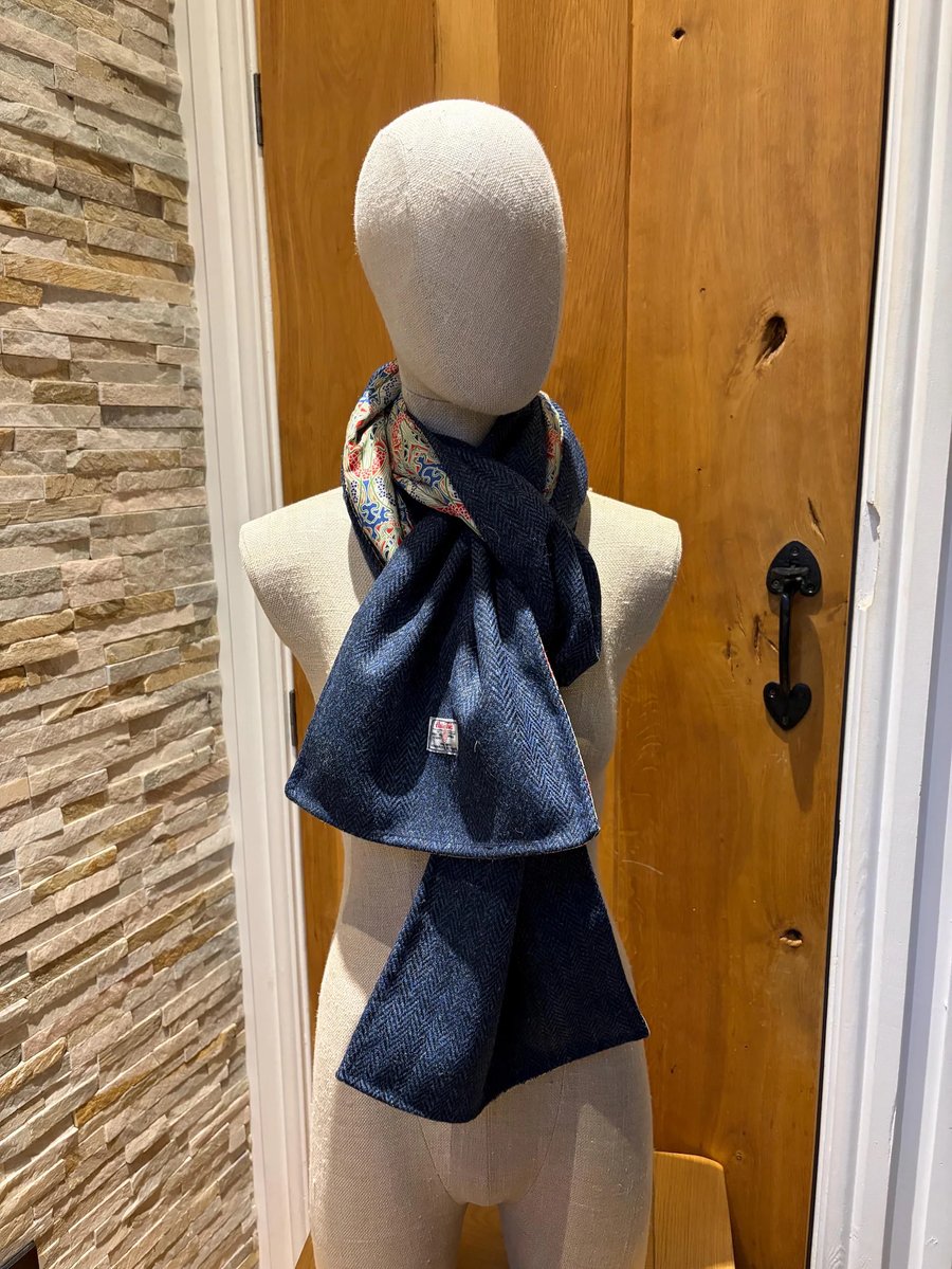 Blue Harris Tweed Scarf Lined with Liberty 