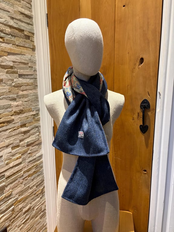 Blue Harris Tweed Scarf Lined with Liberty 
