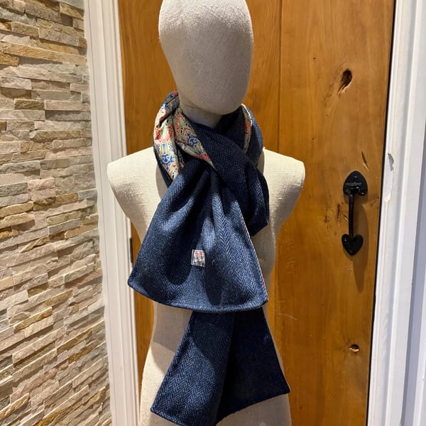 Blue Harris Tweed Scarf Lined with Liberty 
