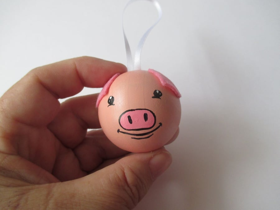 Pink Pig Hanging Decoration Christmas Tree Bauble Wood Wooden Hand Painted