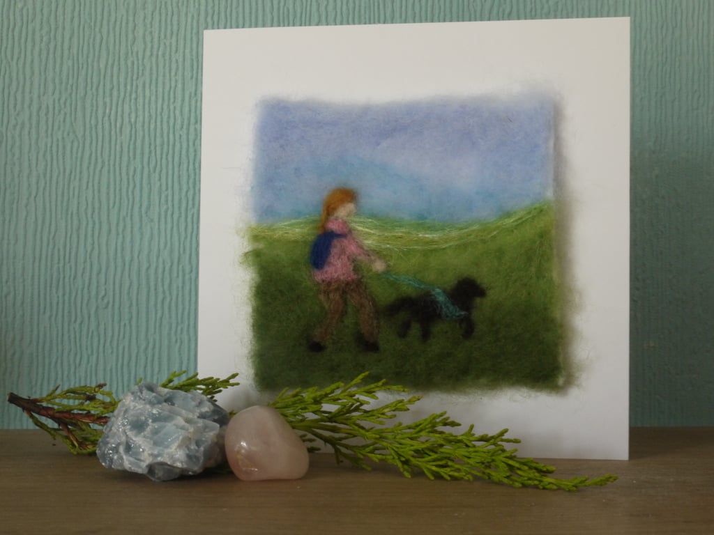 Handmade needle felted Hiking woman and dog greetings card