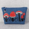 Embroidered zipped pouch, make up bag, toadstools, mushrooms.