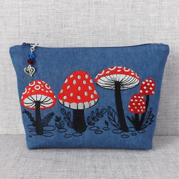 Embroidered zipped pouch, make up bag, toadstools, mushrooms.