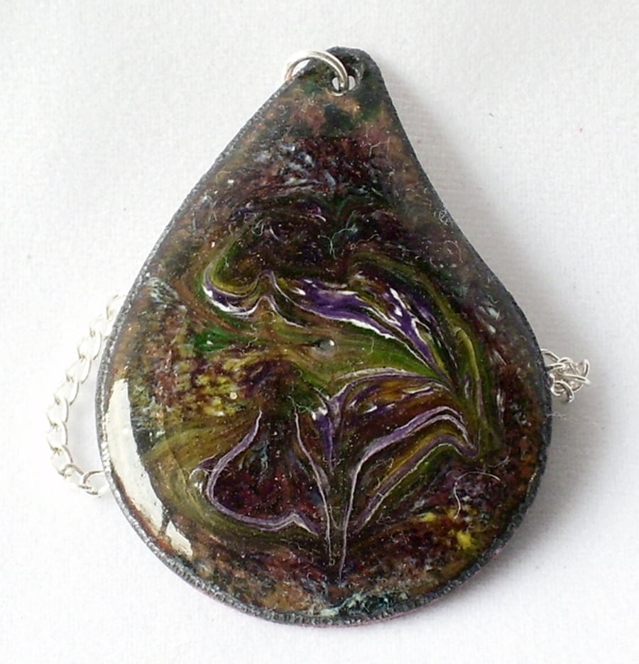 pendant - tear-drop, scrolled purple, white and green over clear enamel