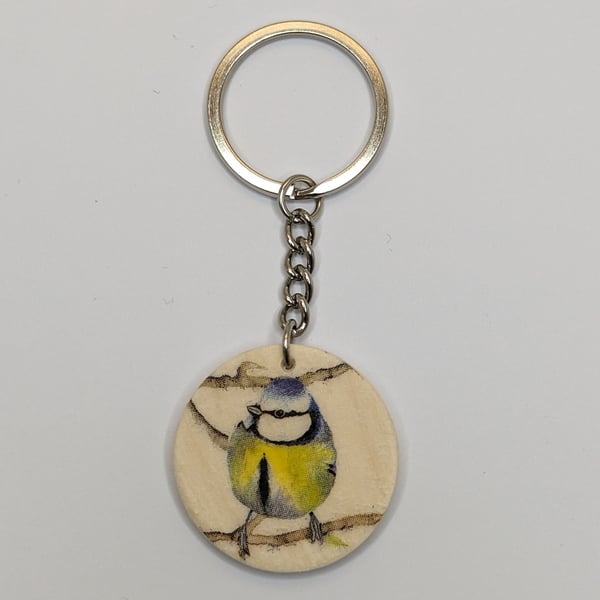 Wooden keyring,  blue tit garden bird, gift for a bird lover