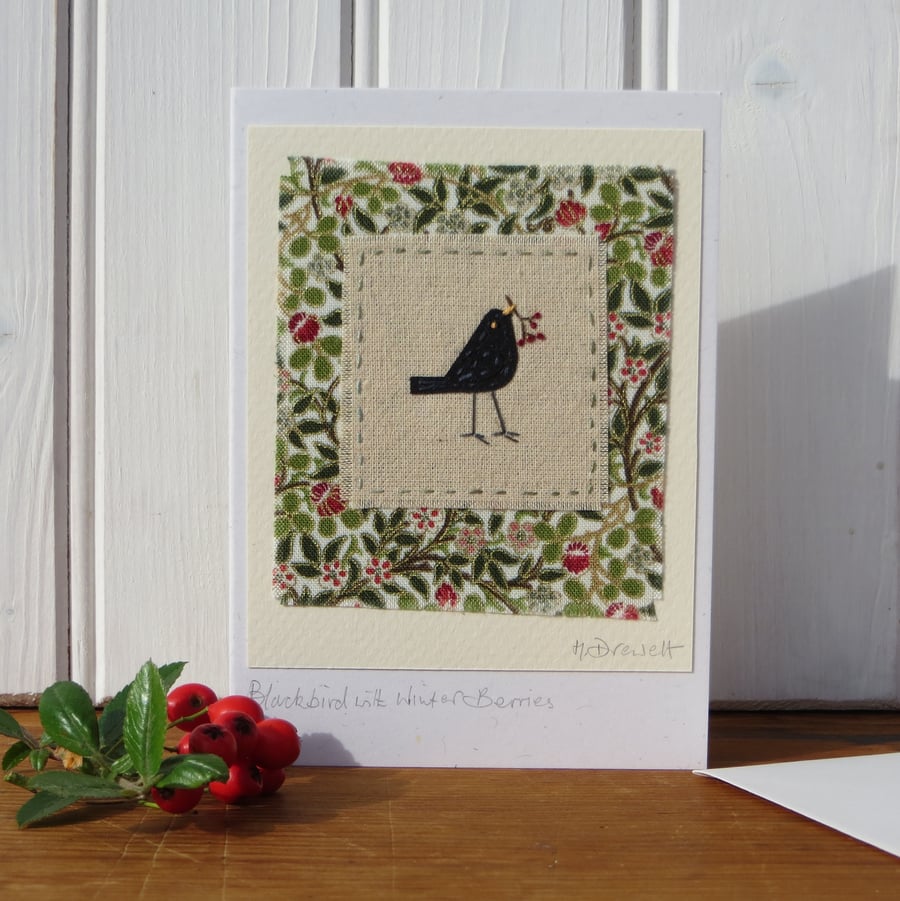 Blackbird with winter berries hand-stitched card for winter birthday or thankyou
