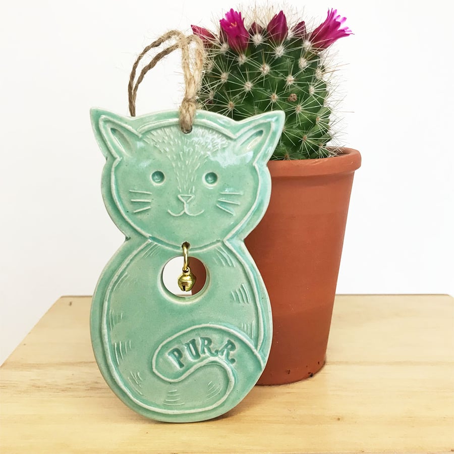 Ceramic Cat decoration with little bell (turquoise) Purr
