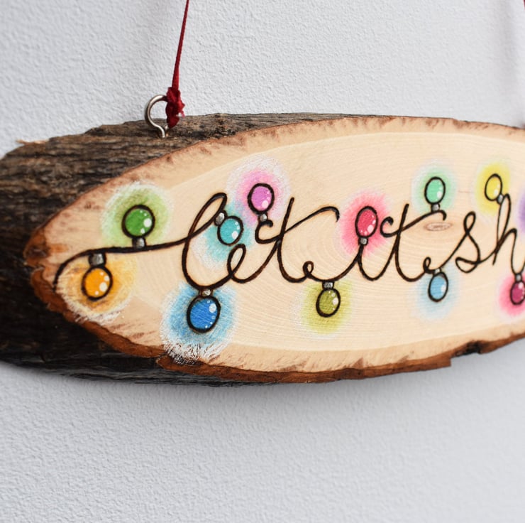 One pyrography fairy lights hanging sign. Rainb... - Folksy