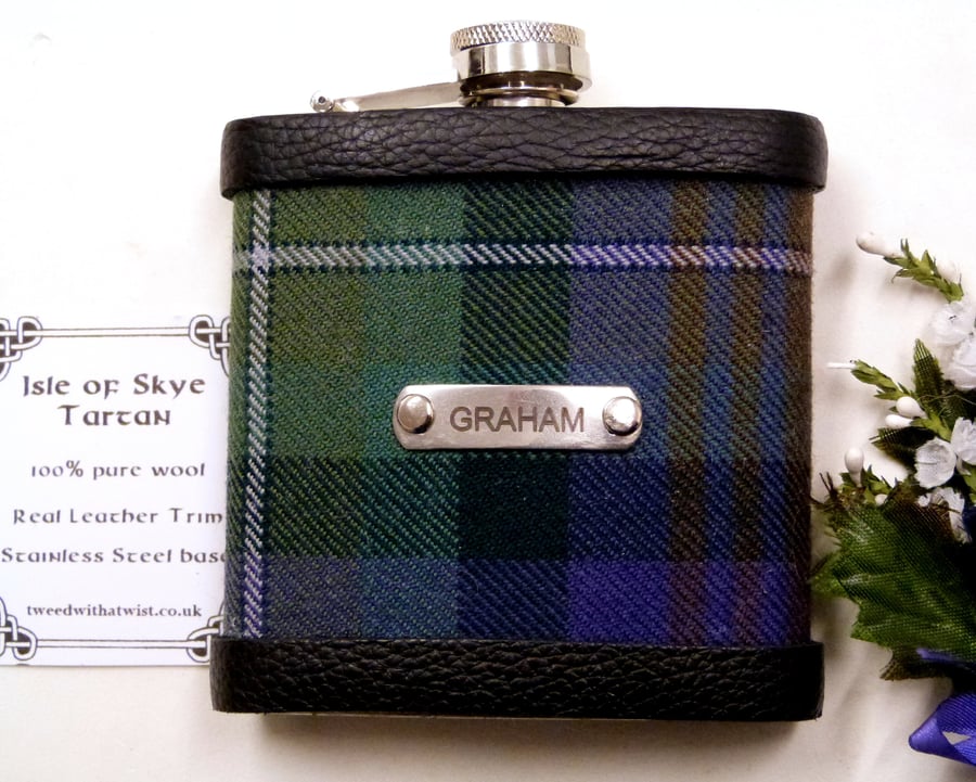 Personalised Isle of Skye tartan hip flask with stainless steel engraved tag 